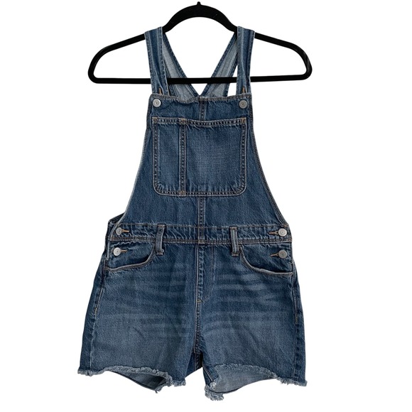 Old Navy Denim‎ Overalls Shorts Jean Frayed Hem Adjustable Youth 14/16 Adult S - Picture 1 of 11